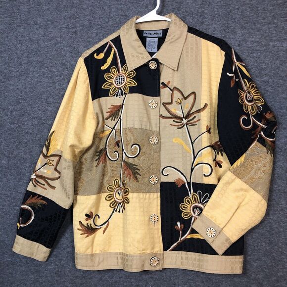 Indigo Moon Jacket Womens L Floral Embroidered Colorful Shirt Brown/Beige/Honey - Picture 1 of 14